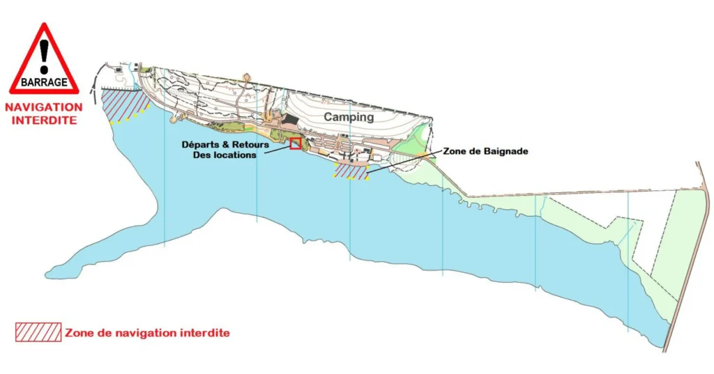 Carte du lac des Vieilles Forges indiquant les zones interdites à la navigation, la zone de baignade, le camping et le point de départ des locations.