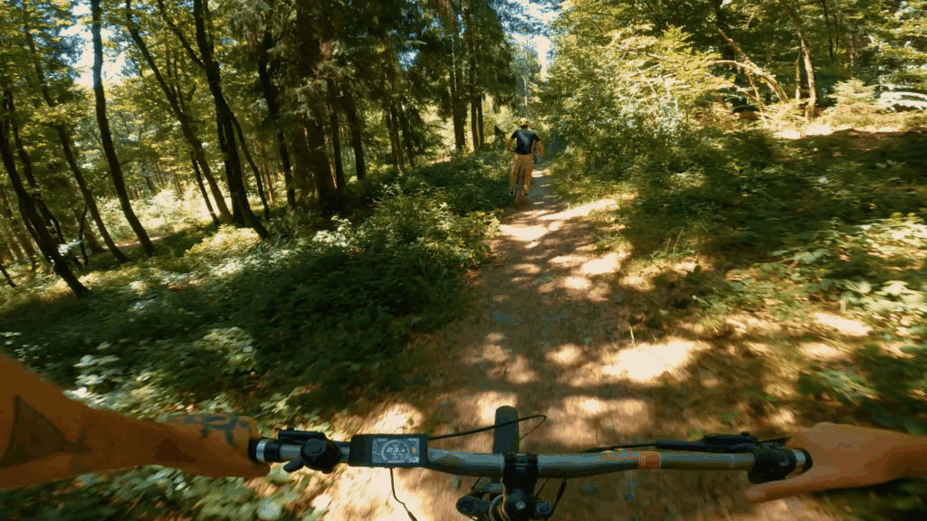 Vue à la première personne depuis le guidon d’une trottinette tout-terrain sur un sentier forestier, un rider devant – Lac des Vieilles Forges (Ardennes)